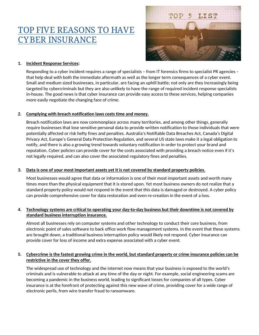 Top Five Reasons For Cyber Insurance